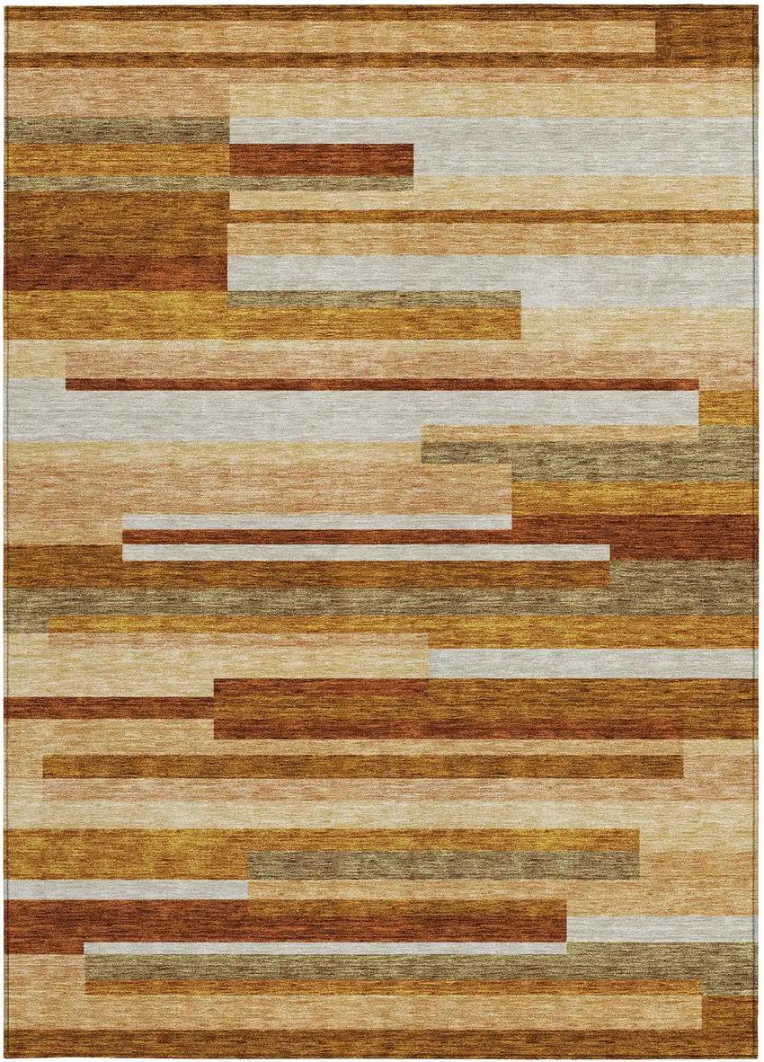 Orange Copper And Taupe Striped Washable Indoor Outdoor Area Rug Photo 4