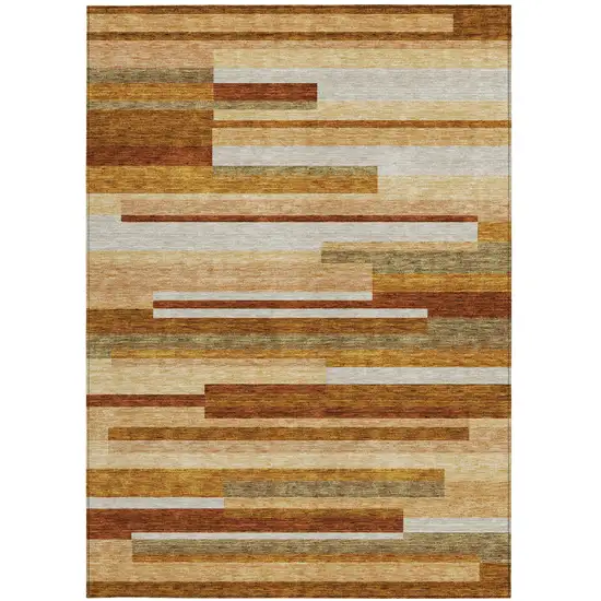 Orange Copper And Taupe Striped Washable Indoor Outdoor Area Rug Photo 4