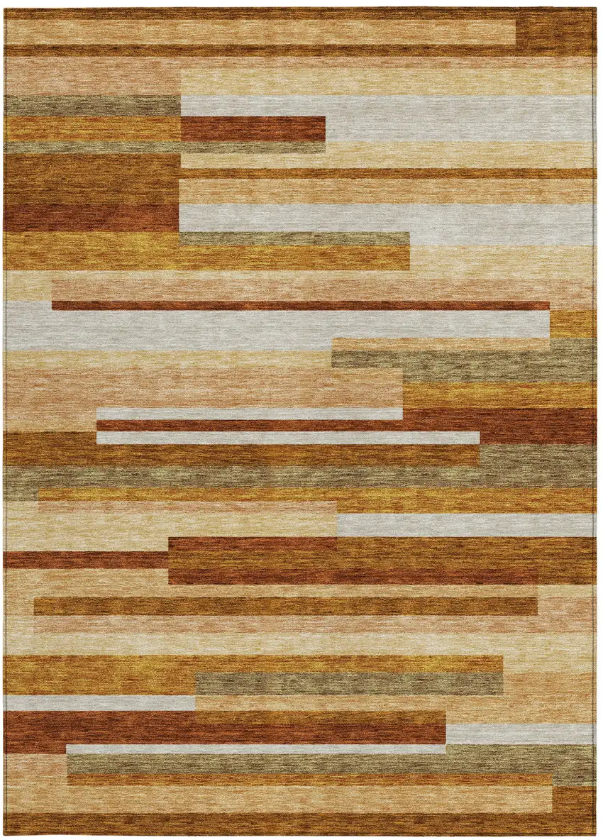 Orange Copper And Taupe Striped Washable Indoor Outdoor Area Rug Photo 4