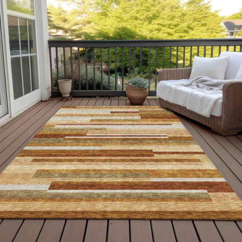 Orange Copper And Taupe Striped Washable Indoor Outdoor Area Rug Photo 5