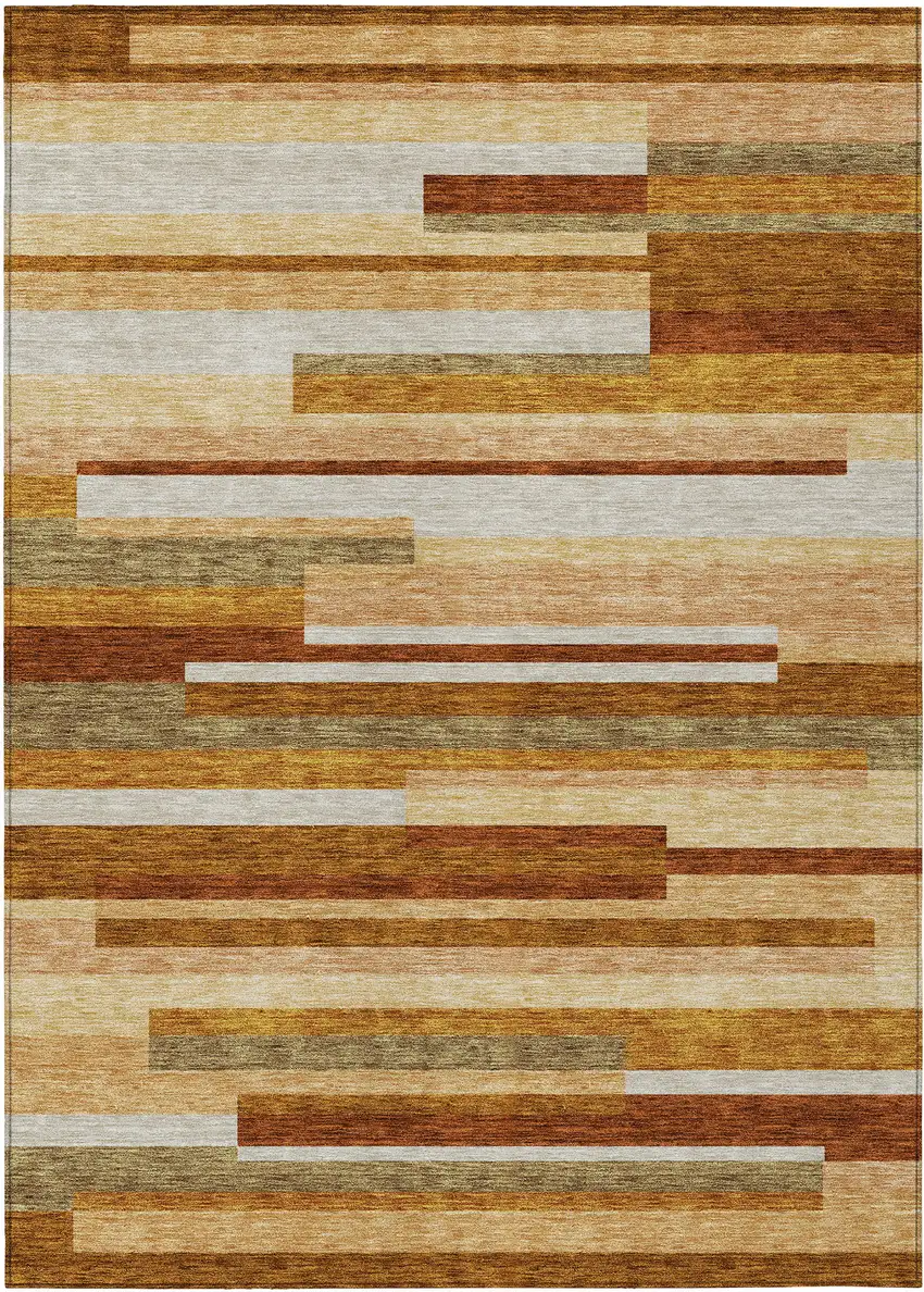 Orange Copper And Taupe Striped Washable Indoor Outdoor Area Rug Photo 1