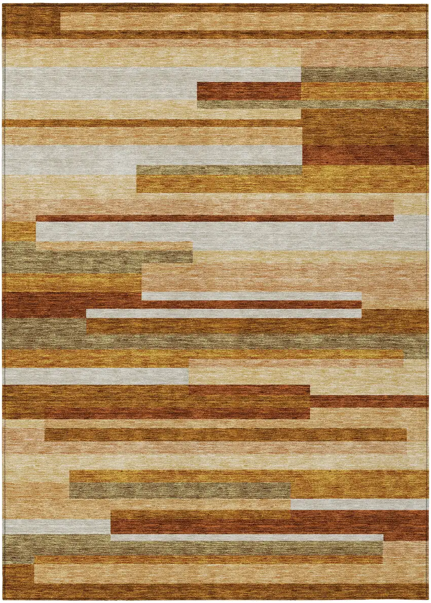 Orange Copper And Taupe Striped Washable Indoor Outdoor Area Rug Photo 1
