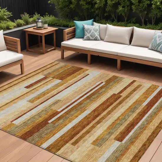 Orange Copper And Taupe Striped Washable Indoor Outdoor Area Rug Photo 1