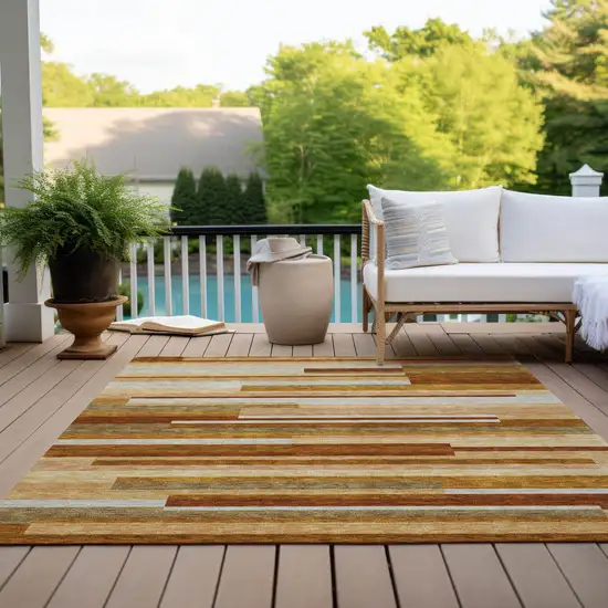 Orange Copper And Taupe Striped Washable Indoor Outdoor Area Rug Photo 9