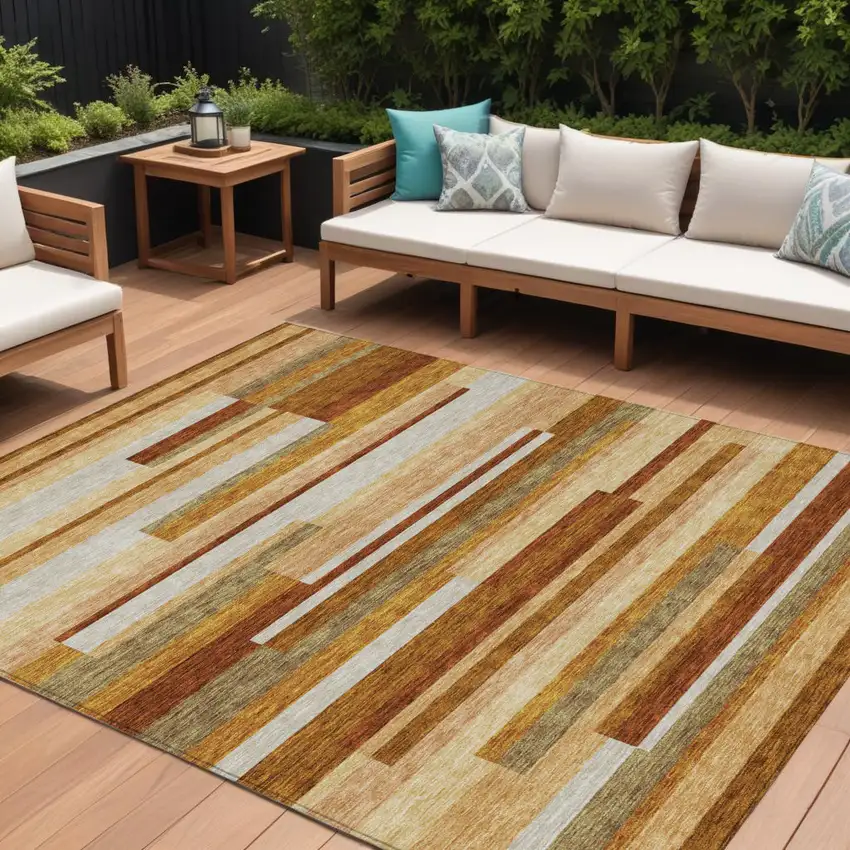 Orange Copper And Taupe Striped Washable Indoor Outdoor Area Rug Photo 1
