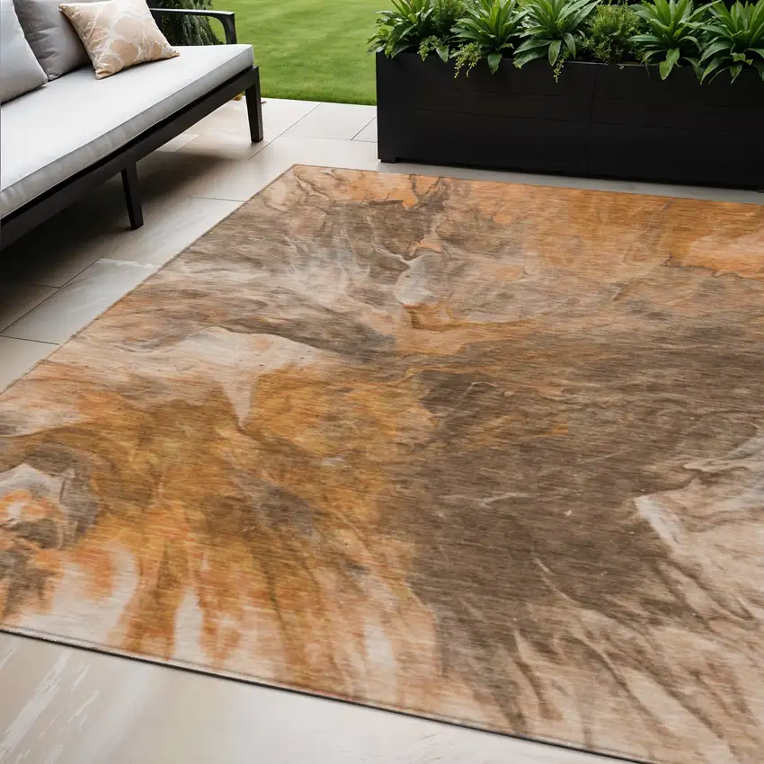 Orange Copper And Terra Cotta Abstract Washable Indoor Outdoor Area Rug Photo 1