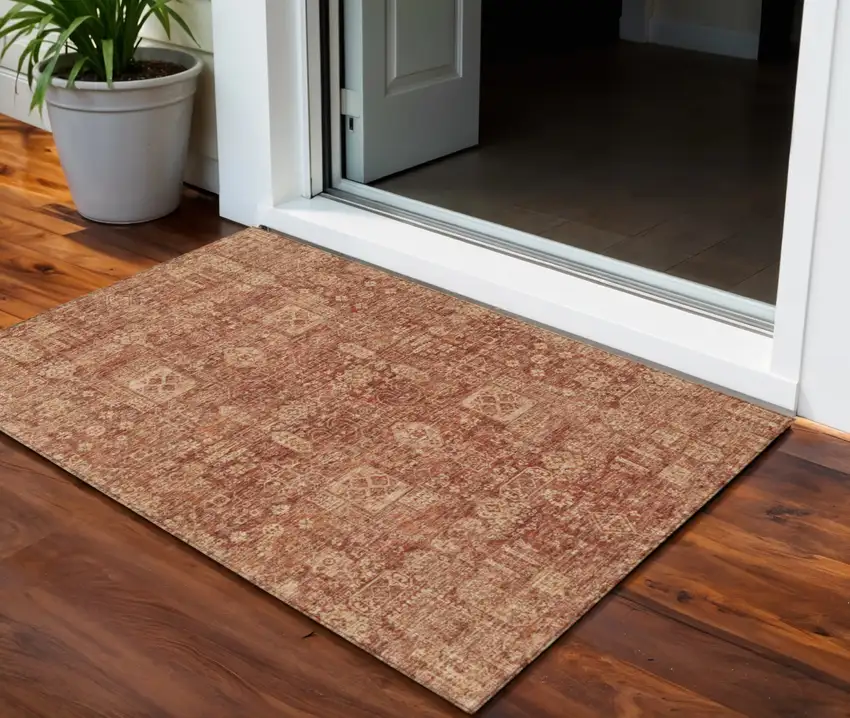 Orange Copper And Terra Cotta Oriental Washable Indoor Outdoor Area Rug Photo 1