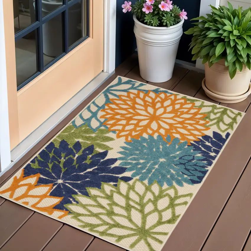 Ivory And Blue Floral Indoor Outdoor Area Rug Photo 1
