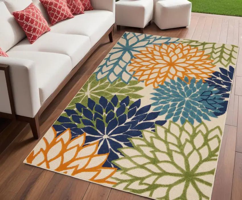 Ivory And Blue Floral Indoor Outdoor Area Rug Photo 1