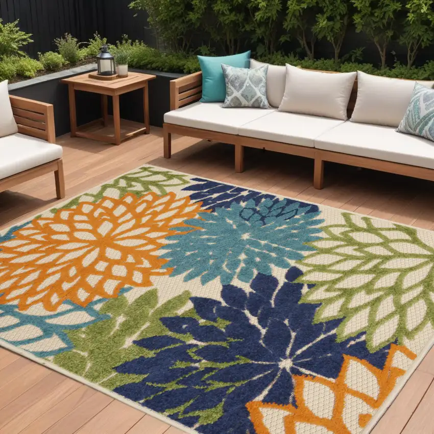Ivory And Blue Floral Indoor Outdoor Area Rug Photo 1