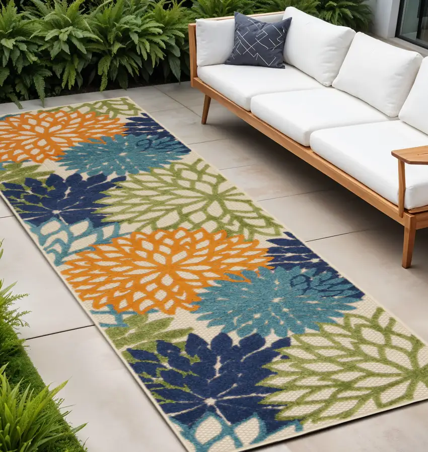 Ivory And Blue Floral Indoor Outdoor Area Rug Photo 1
