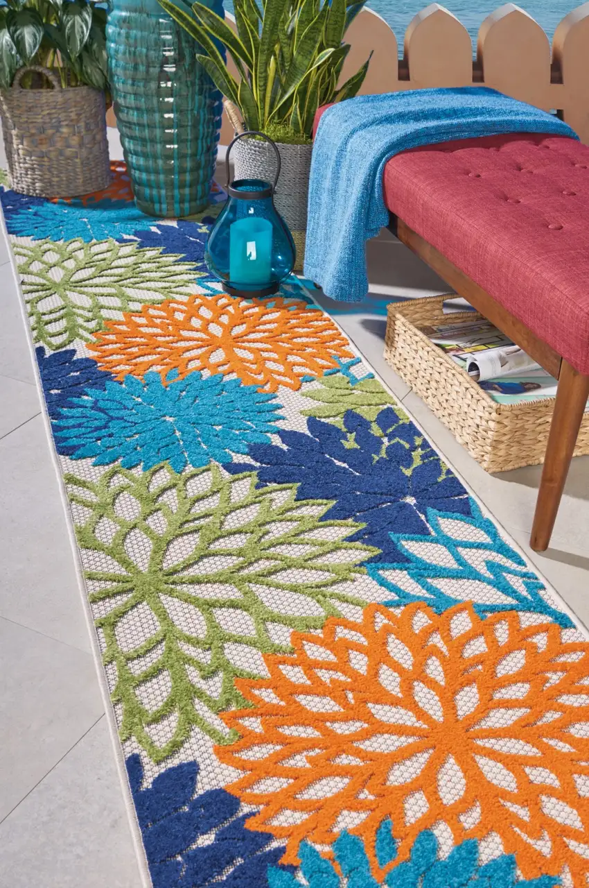 Orange Floral Outdoor Runner Rug Photo 6