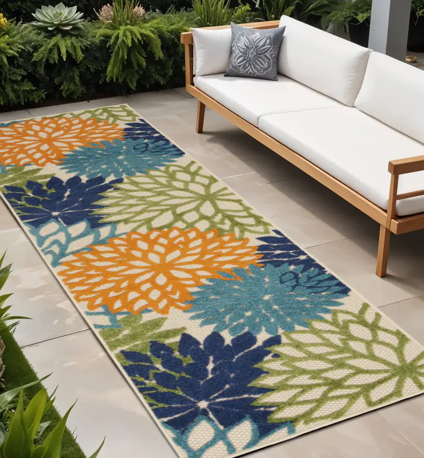Ivory And Blue Floral Indoor Outdoor Area Rug Photo 1