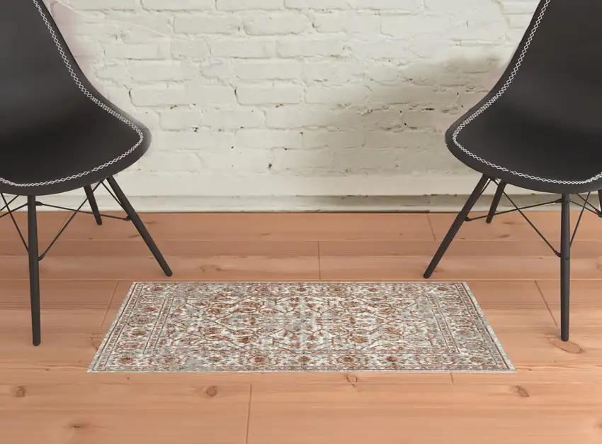 Orange Floral Power Loom Area Rug With Fringe Photo 2