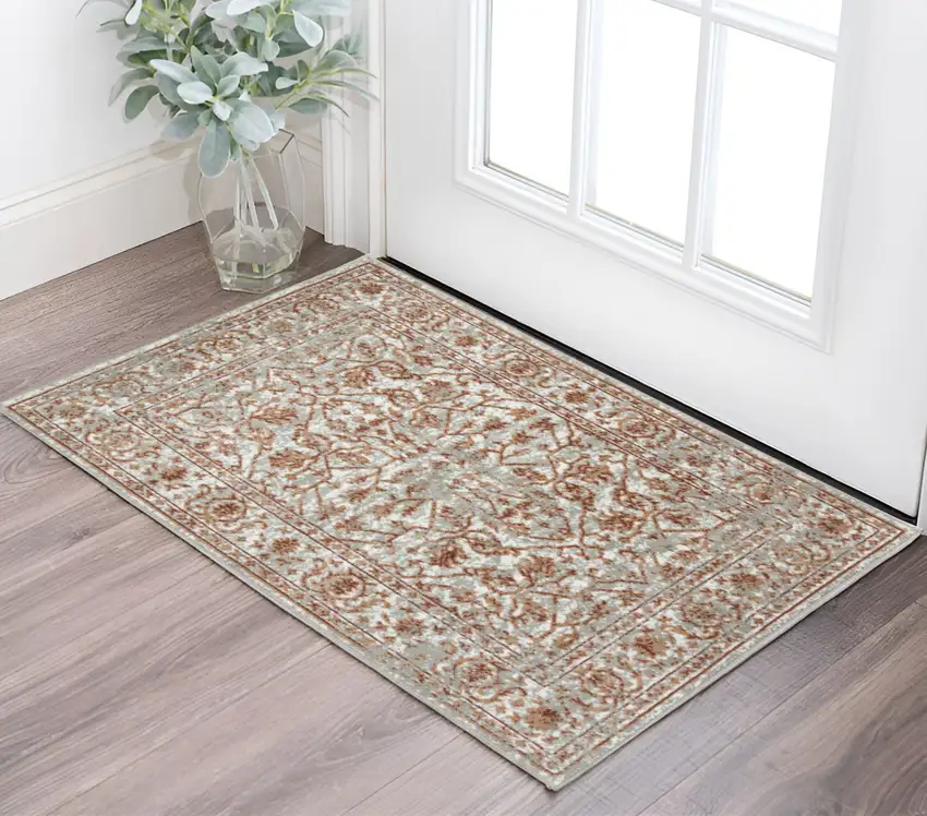 Rust and Gray Floral Power Loom Area Rug Photo 1