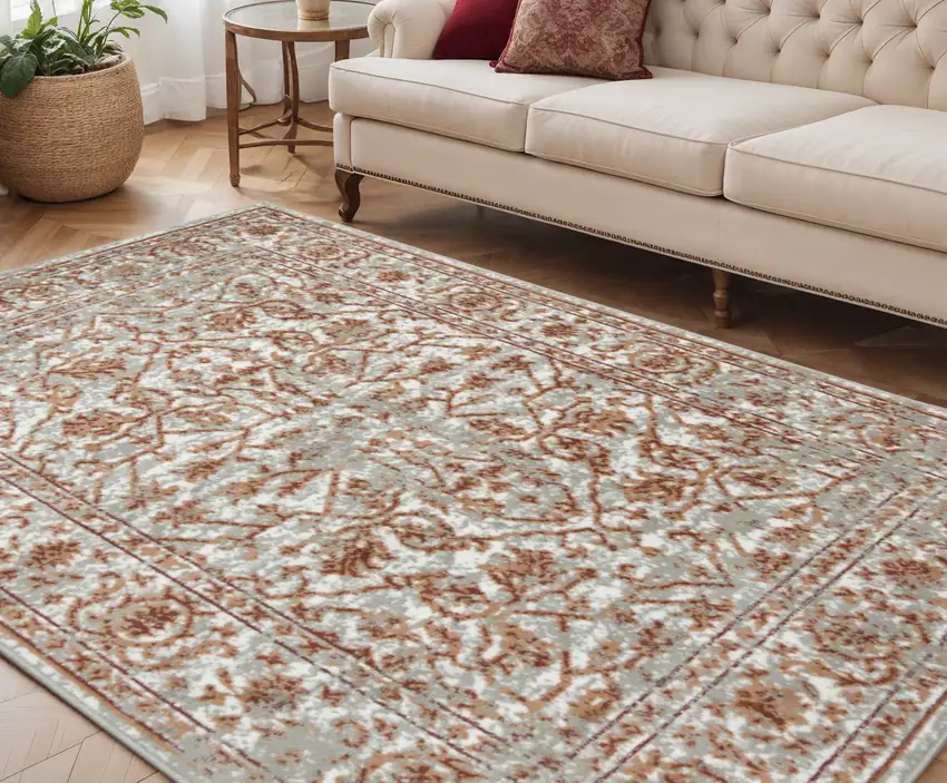 Rust and Gray Floral Power Loom Area Rug Photo 1