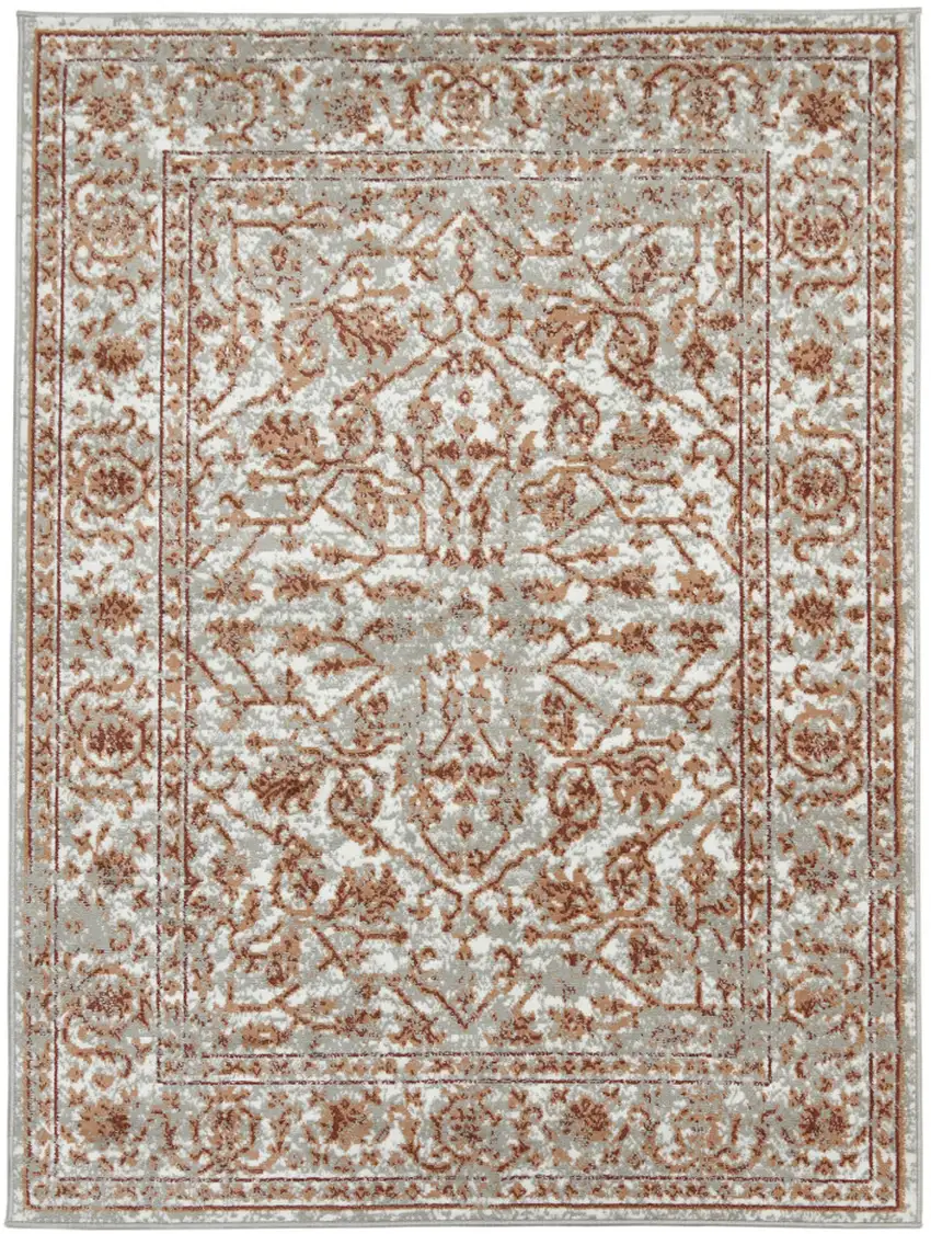 Orange Floral Power Loom Area Rug With Fringe Photo 1
