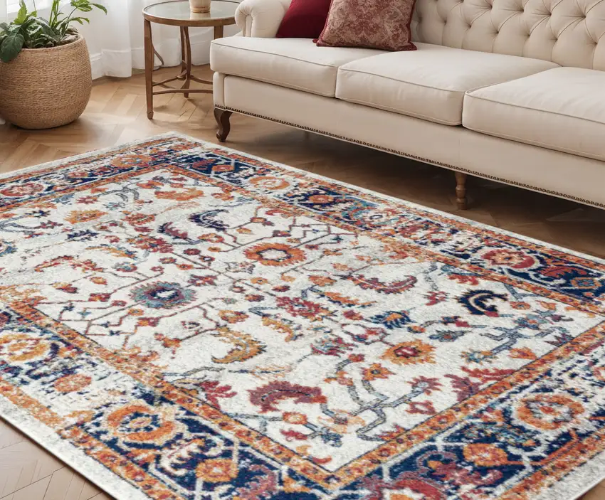 Ivory Navy and Orange Floral Power Loom Area Rug Photo 1
