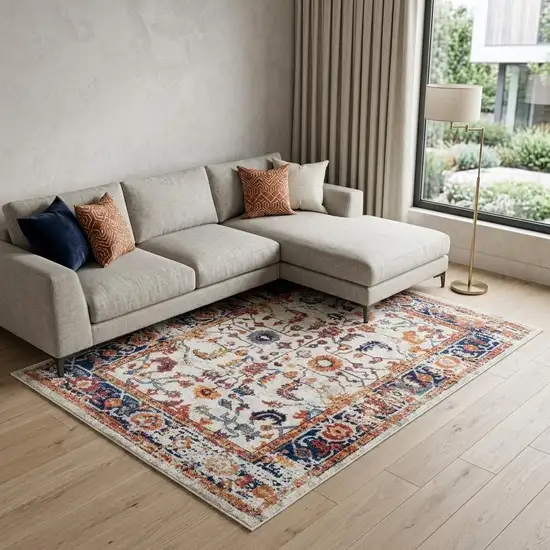Ivory And Orange Floral Area Rug Photo 1