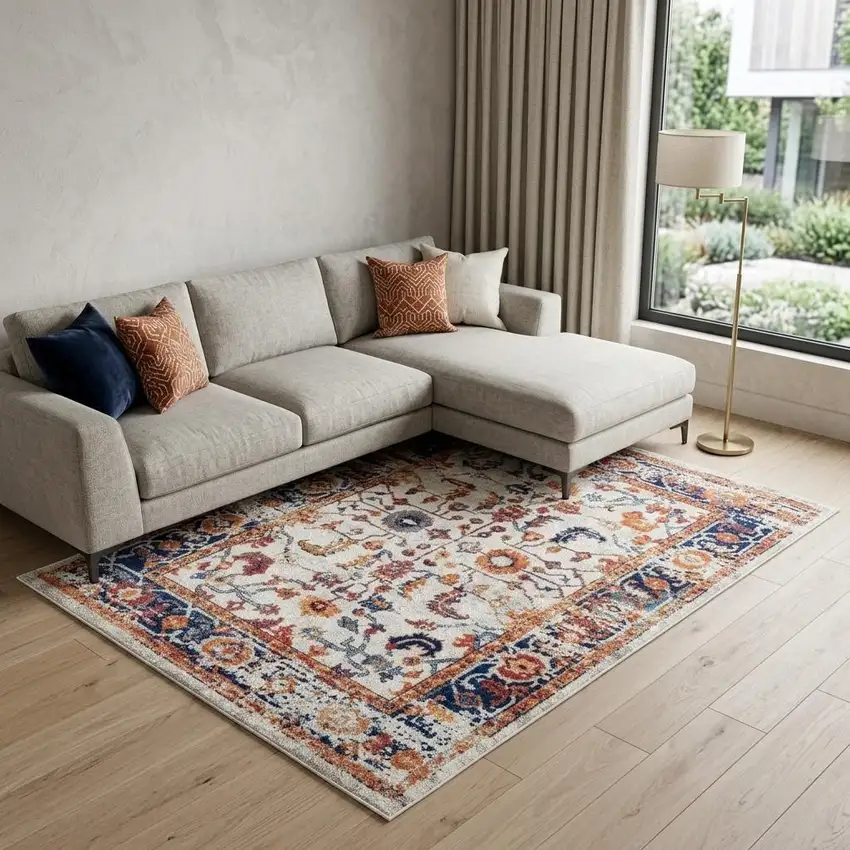 Ivory And Orange Floral Area Rug Photo 1