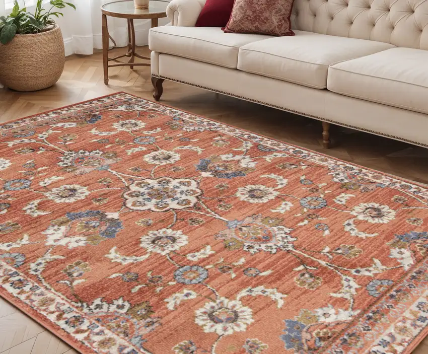 Ivory Blue and Orange Floral Power Loom Area Rug Photo 1