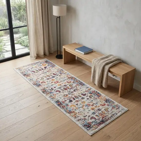 6' Ivory Navy and Orange Floral Power Loom Runner Rug Photo 1