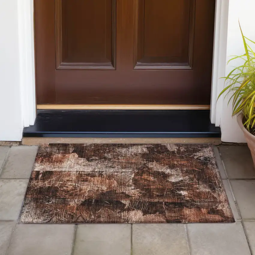 Orange Floral Washable Non Skid Indoor Outdoor Area Rug Photo 8