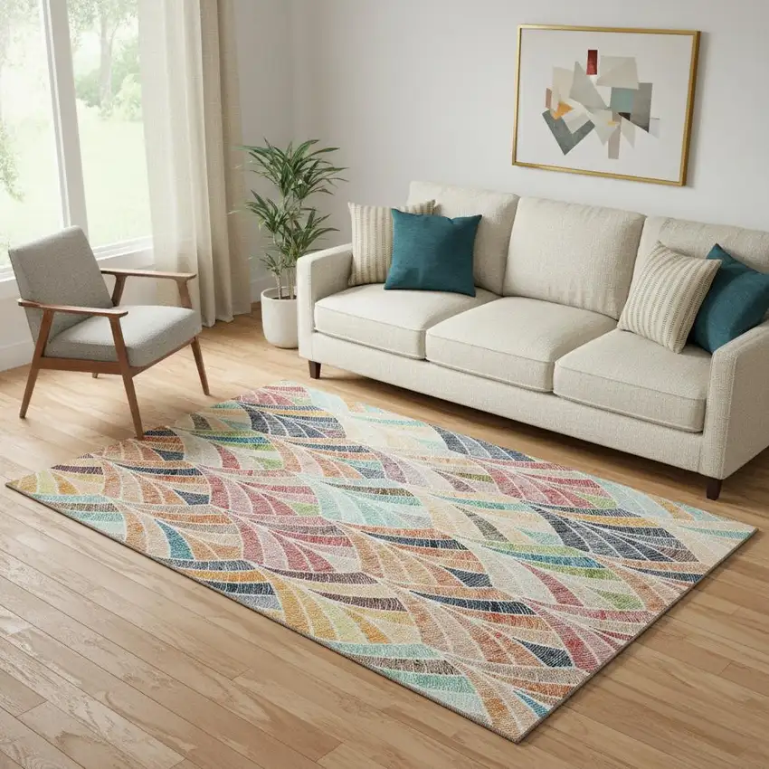 Orange Gold And Blue Geometric Washable Area Rug With UV Protection Photo 1