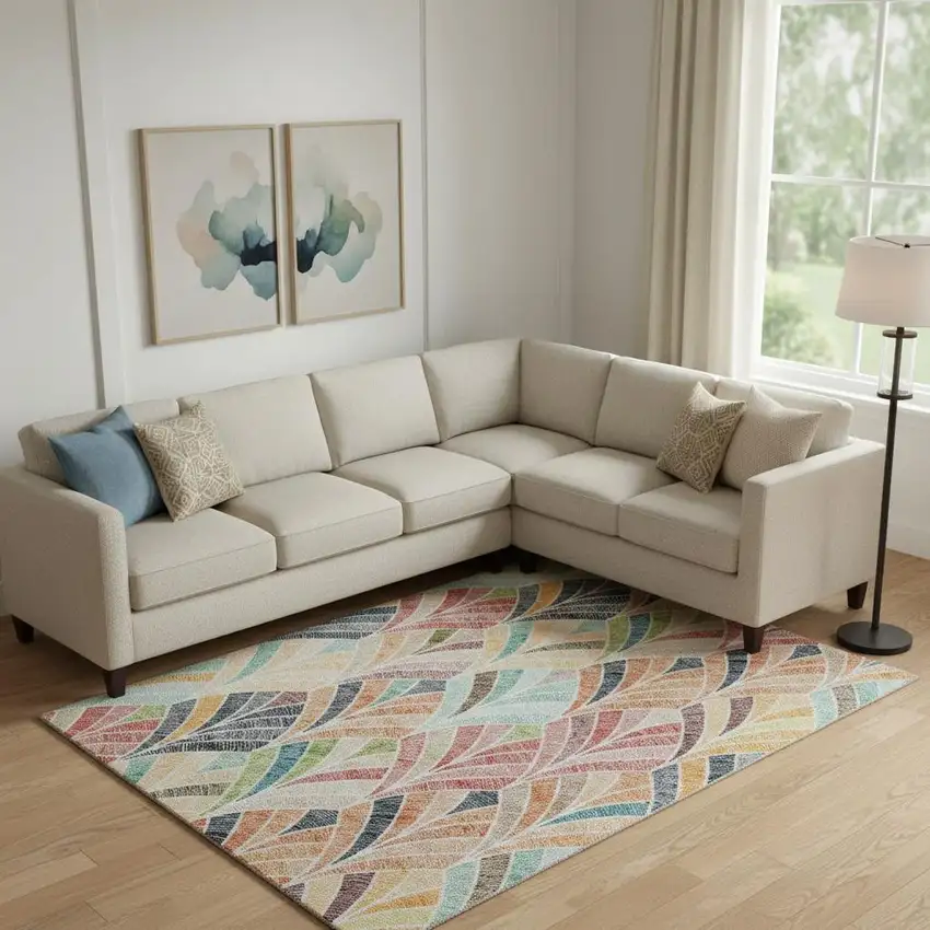 Orange Gold And Blue Geometric Washable Area Rug With UV Protection Photo 1