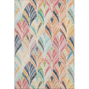 Photo of Orange Gold And Blue Geometric Washable Area Rug With UV Protection