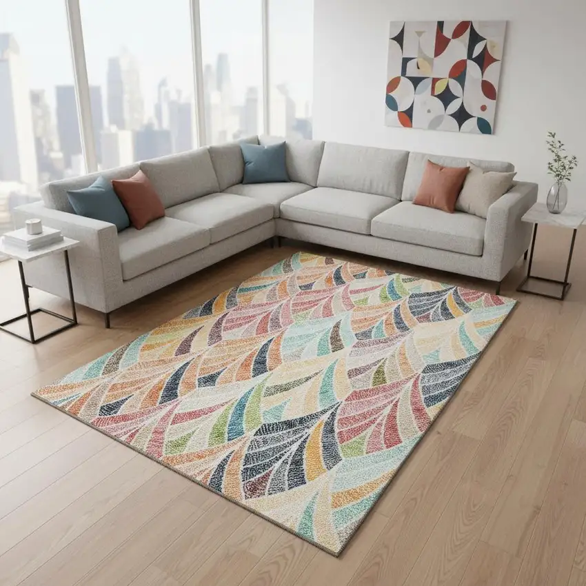 Orange Gold And Blue Geometric Washable Area Rug With UV Protection Photo 2