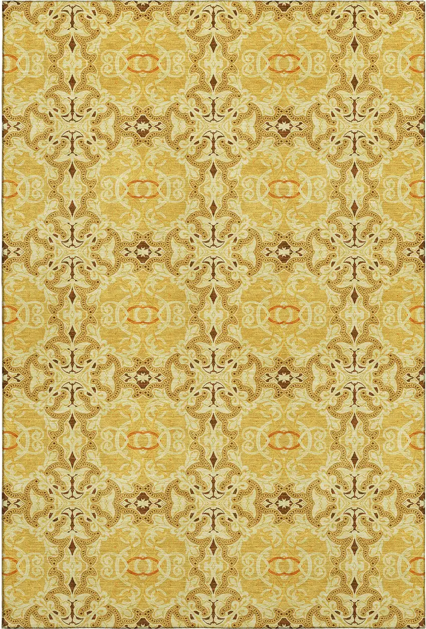 Orange Gold And Ivory Medallion Washable Area Rug With UV Protection Photo 1