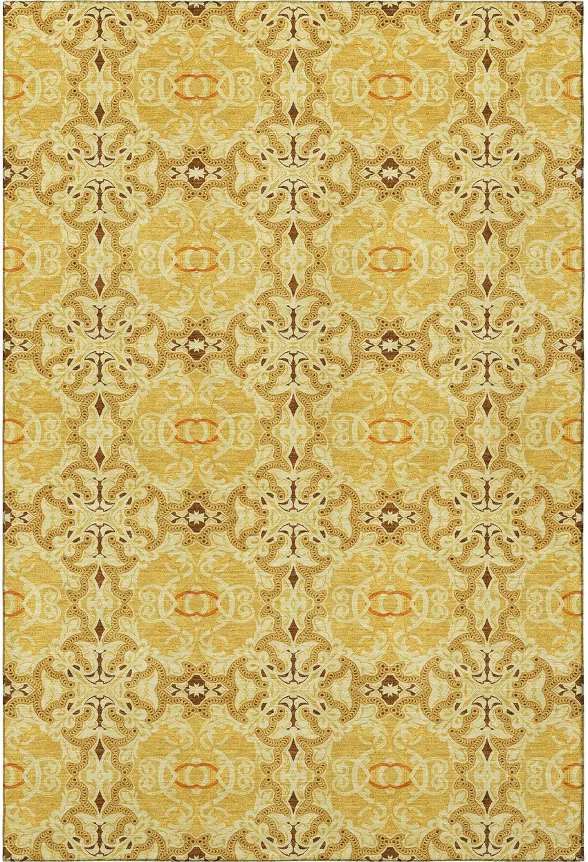 Orange Gold And Ivory Medallion Washable Area Rug With UV Protection Photo 4