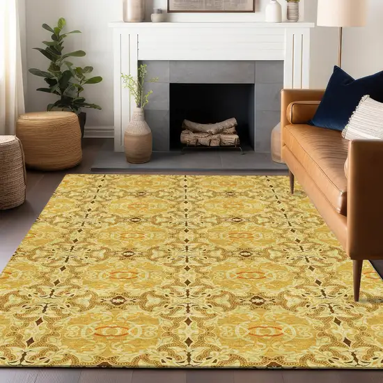 Orange Gold And Ivory Medallion Washable Area Rug With UV Protection Photo 6