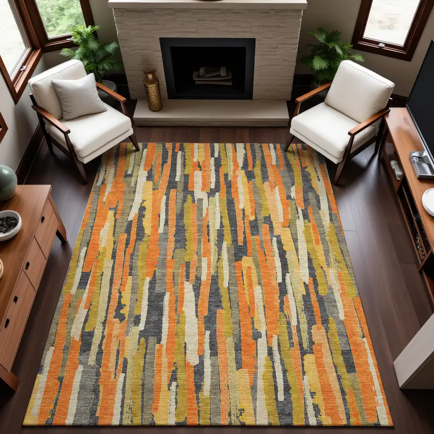 Orange Gold And Ivory Striped Washable Area Rug With UV Protection Photo 3
