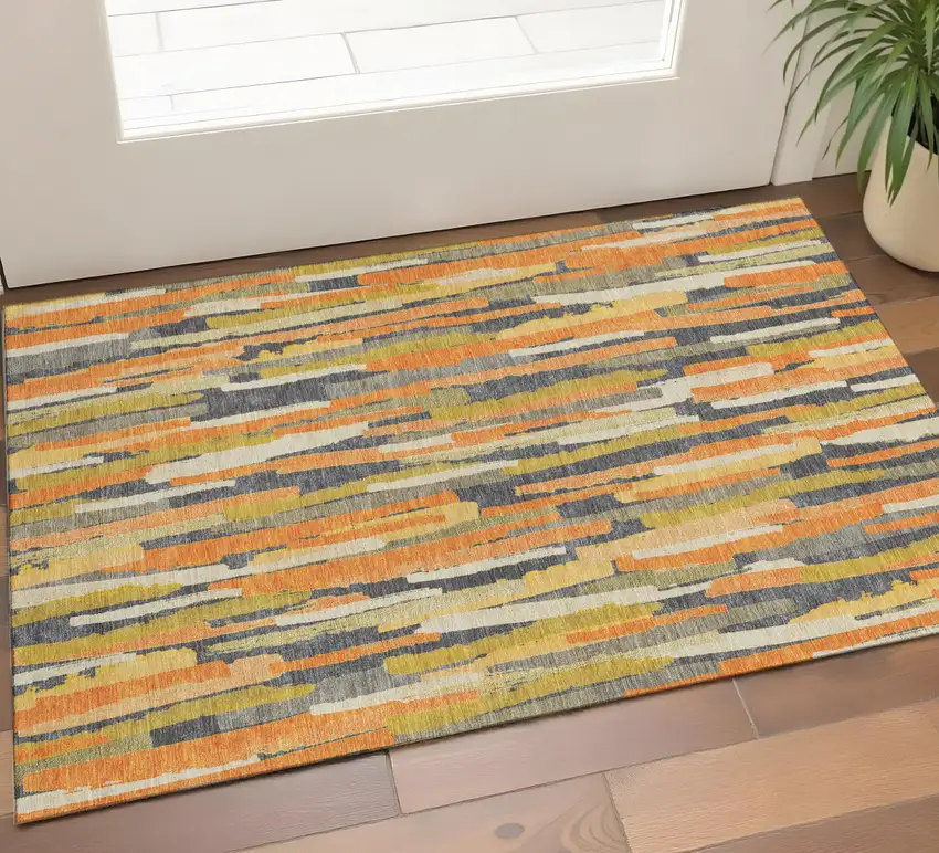 Orange Gold And Ivory Striped Washable Area Rug With UV Protection Photo 1