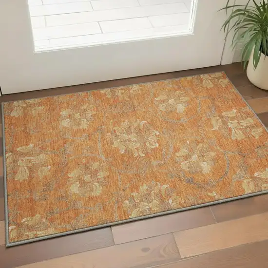 Orange Gray And Beige Floral Washable Area Rug With UV Protection Photo 2