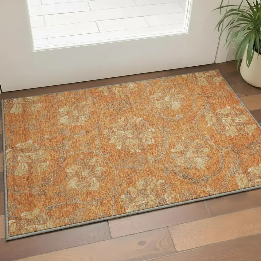 Orange Gray And Beige Floral Washable Area Rug With UV Protection Photo 2
