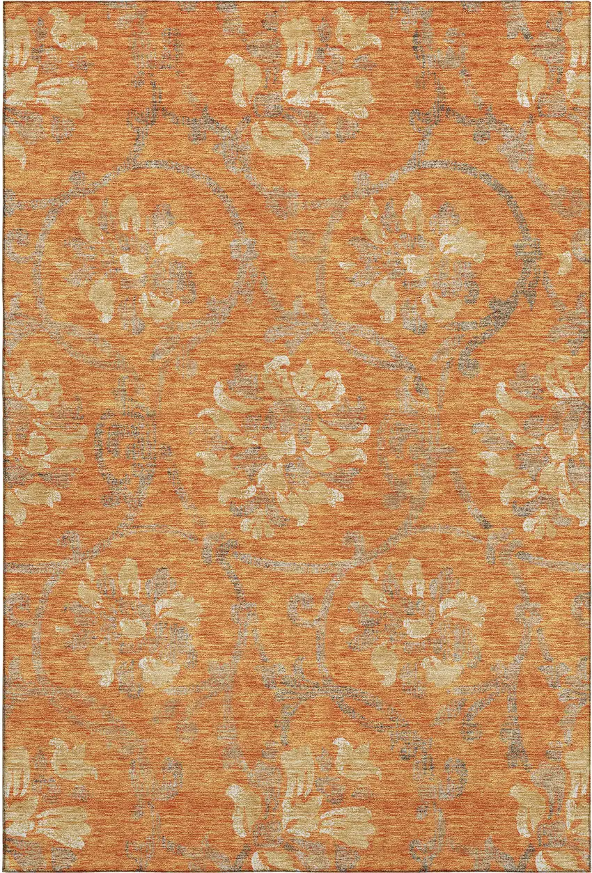 Orange Gray And Beige Floral Washable Area Rug With UV Protection Photo 1