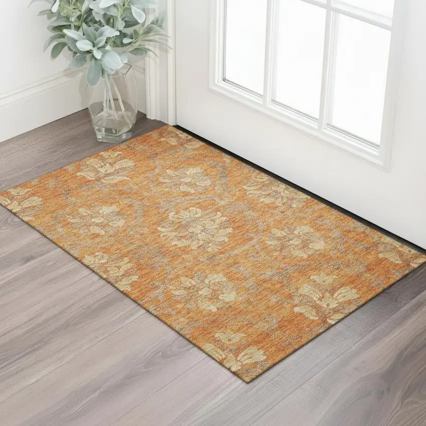 Orange Gray And Beige Floral Washable Area Rug With UV Protection Photo 1