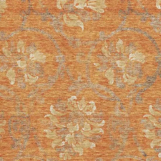 Orange Gray And Beige Floral Washable Area Rug With UV Protection Photo 3