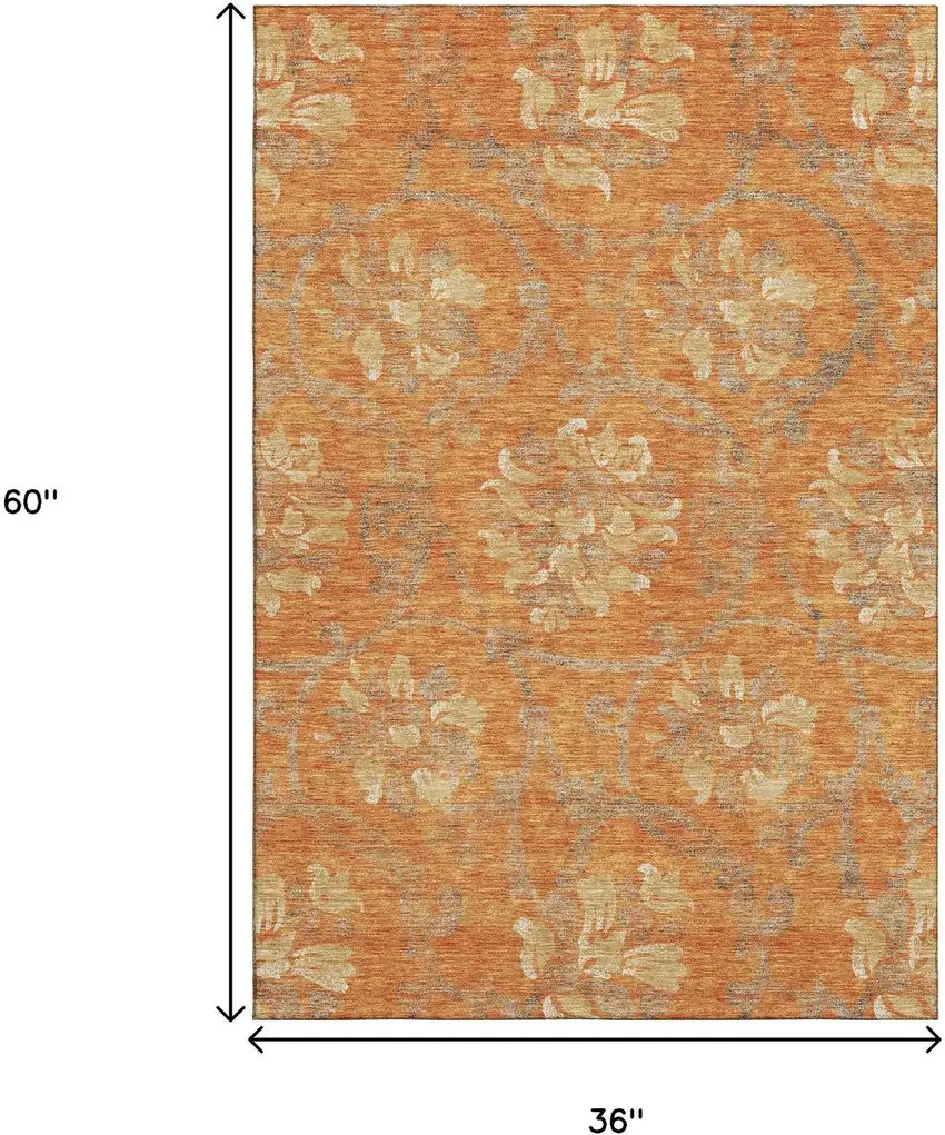Orange Gray And Beige Floral Washable Area Rug With UV Protection Photo 3