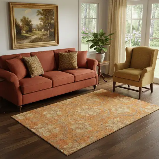 Orange Gray And Beige Floral Washable Area Rug With UV Protection Photo 1