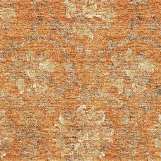 Orange Gray And Beige Floral Washable Area Rug With UV Protection Photo 3