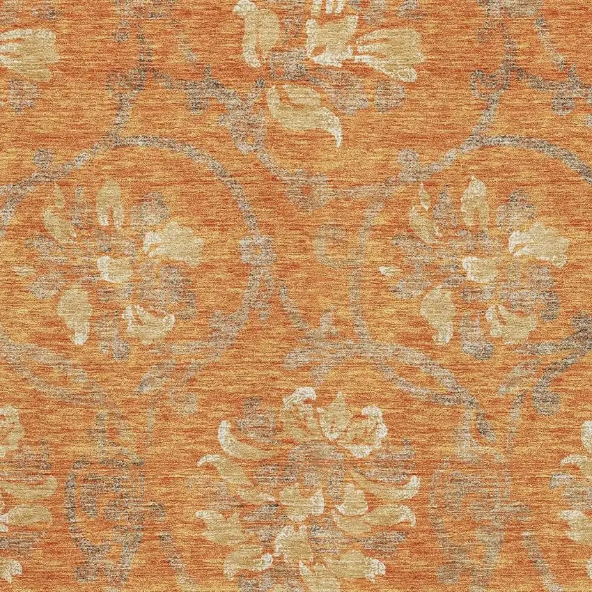 Orange Gray And Beige Floral Washable Area Rug With UV Protection Photo 3
