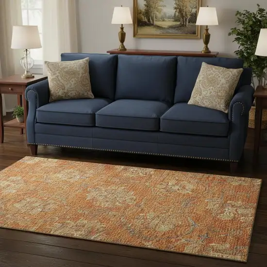 Orange Gray And Beige Floral Washable Area Rug With UV Protection Photo 2