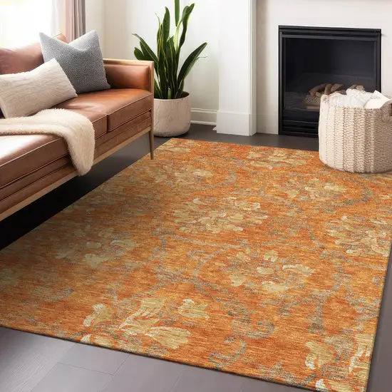 Orange Gray And Beige Floral Washable Area Rug With UV Protection Photo 6