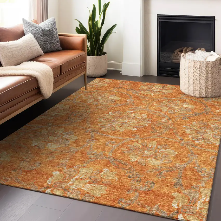 Orange Gray And Beige Floral Washable Area Rug With UV Protection Photo 6