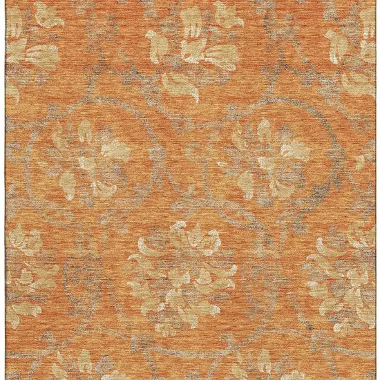 Orange Gray And Beige Floral Washable Area Rug With UV Protection Photo 3