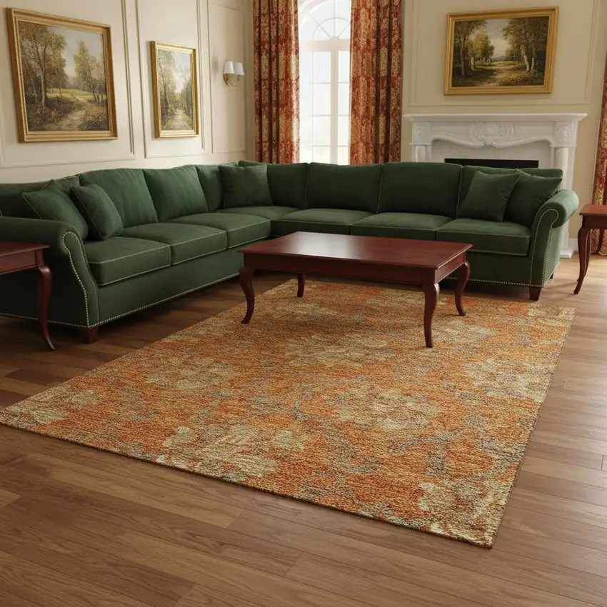 Orange Gray And Beige Floral Washable Area Rug With UV Protection Photo 2